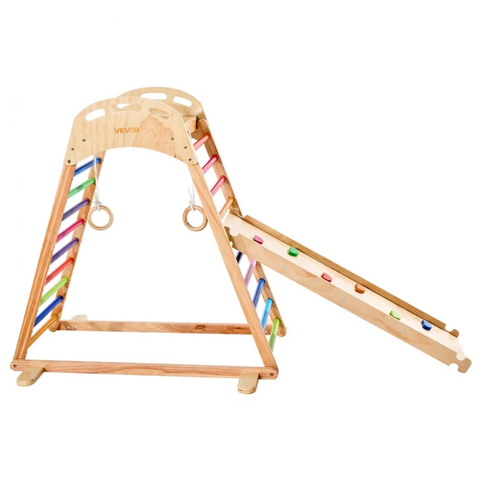 VEVOR Indoor Playground Jungle Gym, 4-in-1 Wooden Indoor Playground Climbing Toys for Kids, Montessori Toddlers Climber Playset with Climbing Rock, Slide, Wooden Ladder & Gym Rings, 220LBS Loading