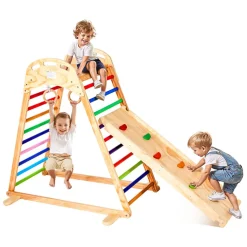 VEVOR Indoor Playground Jungle Gym, 4-in-1 Wooden Indoor Playground Climbing Toys for Kids, Montessori Toddlers Climber Playset with Climbing Rock, Slide, Wooden Ladder & Gym Rings, 220LBS Loading
