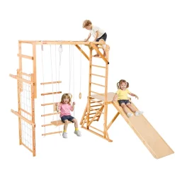 VEVOR Indoor Playground Jungle Gym, 8-in-1 Wooden Indoor Playground for Kids, 220LBS Montessori Climbing Toys Playset with Slide, Swing, Monkey Bar, Gym Rings, Wooden / Rope Ladder, Climbing Net & Bar
