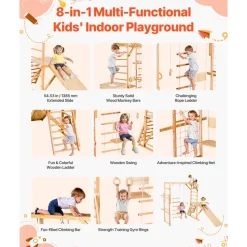 VEVOR Indoor Playground Jungle Gym, 8-in-1 Wooden Indoor Playground for Kids, 220LBS Montessori Climbing Toys Playset with Slide, Swing, Monkey Bar, Gym Rings, Wooden / Rope Ladder, Climbing Net & Bar