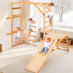 VEVOR Indoor Playground Jungle Gym, 8-in-1 Wooden Indoor Playground for Kids, 220LBS Montessori Climbing Toys Playset with Slide, Swing, Monkey Bar, Gym Rings, Wooden / Rope Ladder, Climbing Net & Bar