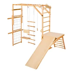 VEVOR Indoor Playground Jungle Gym, 8-in-1 Wooden Indoor Playground for Kids, 220LBS Montessori Climbing Toys Playset with Slide, Swing, Monkey Bar, Gym Rings, Wooden / Rope Ladder, Climbing Net & Bar