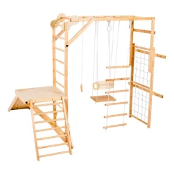 VEVOR Indoor Playground Jungle Gym, 8-in-1 Wooden Indoor Playground for Kids, 220LBS Montessori Climbing Toys Playset with Slide, Swing, Monkey Bar, Gym Rings, Wooden / Rope Ladder, Climbing Net & Bar
