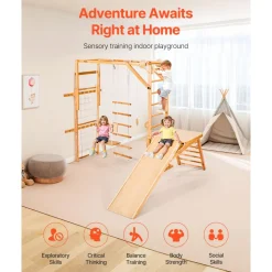 VEVOR Indoor Playground Jungle Gym, 8-in-1 Wooden Indoor Playground for Kids, 220LBS Montessori Climbing Toys Playset with Slide, Swing, Monkey Bar, Gym Rings, Wooden / Rope Ladder, Climbing Net & Bar