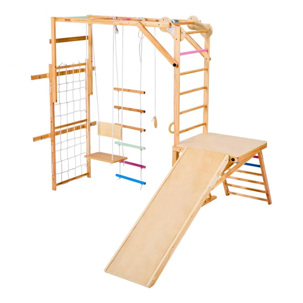 VEVOR Indoor Playground Jungle Gym, 7-in-1 Wooden Indoor Playground for Kids, 250LBS Montessori Climbing Toys Playset with Swing, Monkey Bar, Slide, Wooden Ladder, Rope Ladder, Climbing Net & Rock