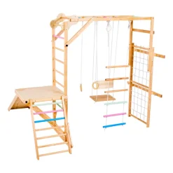 VEVOR Indoor Playground Jungle Gym, 7-in-1 Wooden Indoor Playground for Kids, 250LBS Montessori Climbing Toys Playset with Swing, Monkey Bar, Slide, Wooden Ladder, Rope Ladder, Climbing Net & Rock
