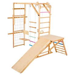 VEVOR Indoor Playground Jungle Gym, 7-in-1 Wooden Indoor Playground for Kids, 250LBS Montessori Climbing Toys Playset with Swing, Monkey Bar, Slide, Wooden Ladder, Rope Ladder, Climbing Net & Rock
