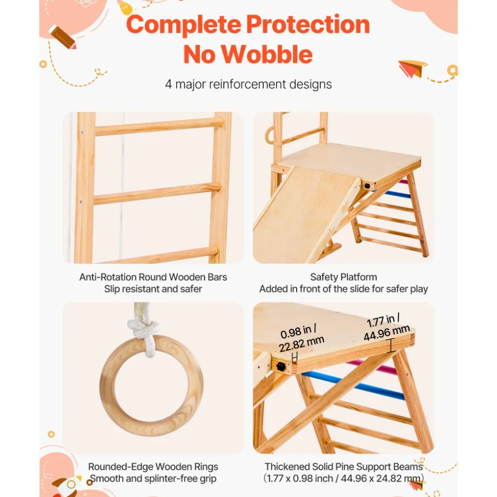 VEVOR Indoor Playground Jungle Gym, 7-in-1 Wooden Indoor Playground for Kids, 250LBS Montessori Climbing Toys Playset with Swing, Monkey Bar, Slide, Wooden Ladder, Rope Ladder, Climbing Net & Rock