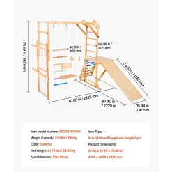 VEVOR Indoor Playground Jungle Gym, 7-in-1 Wooden Indoor Playground for Kids, 250LBS Montessori Climbing Toys Playset with Swing, Monkey Bar, Slide, Wooden Ladder, Rope Ladder, Climbing Net & Rock