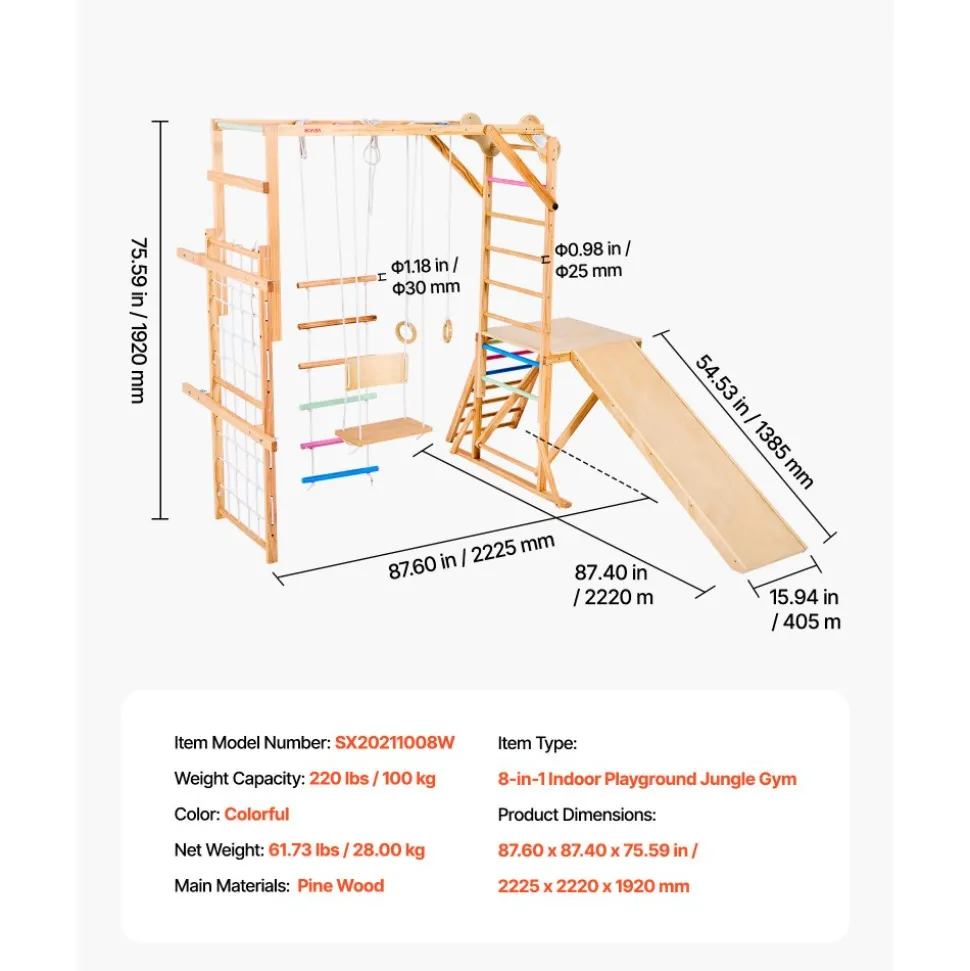 VEVOR Indoor Playground Jungle Gym, 7-in-1 Wooden Indoor Playground for Kids, 250LBS Montessori Climbing Toys Playset with Swing, Monkey Bar, Slide, Wooden Ladder, Rope Ladder, Climbing Net & Rock