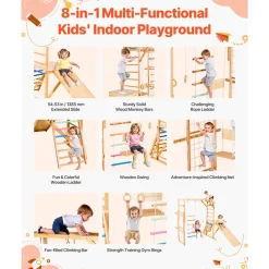 VEVOR Indoor Playground Jungle Gym, 7-in-1 Wooden Indoor Playground for Kids, 250LBS Montessori Climbing Toys Playset with Swing, Monkey Bar, Slide, Wooden Ladder, Rope Ladder, Climbing Net & Rock