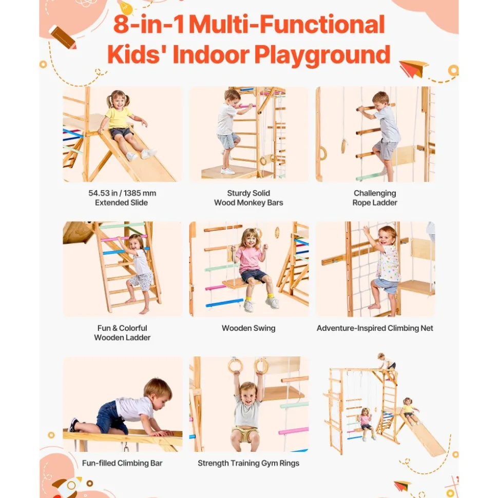 VEVOR Indoor Playground Jungle Gym, 7-in-1 Wooden Indoor Playground for Kids, 250LBS Montessori Climbing Toys Playset with Swing, Monkey Bar, Slide, Wooden Ladder, Rope Ladder, Climbing Net & Rock