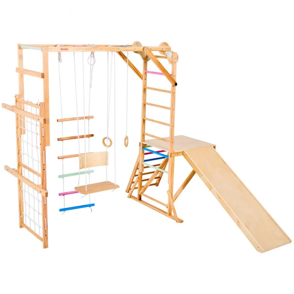 VEVOR Indoor Playground Jungle Gym, 7-in-1 Wooden Indoor Playground for Kids, 250LBS Montessori Climbing Toys Playset with Swing, Monkey Bar, Slide, Wooden Ladder, Rope Ladder, Climbing Net & Rock