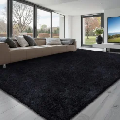 VEVOR Indoor Plush Area Rugs, 8 x 10 ft Soft Plush Carpet, Furry Shag Area Rugs for Living Room, Bedroom, Sunroom, Modern Home Decor Aesthetic, Non-Shedding, Non-Woven, Slip-Resistant, Black