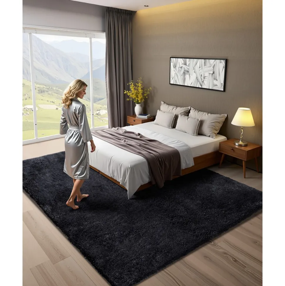 VEVOR Indoor Plush Area Rugs, 8 x 10 ft Soft Plush Carpet, Furry Shag Area Rugs for Living Room, Bedroom, Sunroom, Modern Home Decor Aesthetic, Non-Shedding, Non-Woven, Slip-Resistant, Black