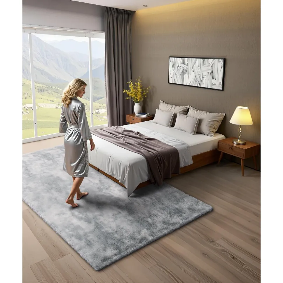 VEVOR Indoor Plush Area Rugs, 6 x 9 ft Soft Plush Carpet, Furry Shag Area Rugs for Living Room, Bedroom, Modern Home Decor Aesthetic Long-Pile Rug, Non-Shedding, Slip-Resistant, Tie-Dye Light Gray
