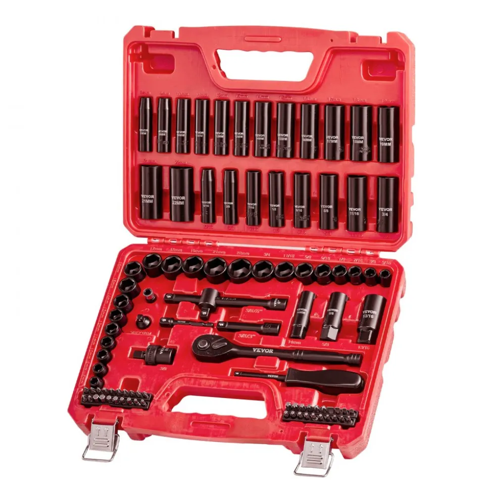 VEVOR 3/8 in Drive Impact Socket Set, 96 Piece, 6 Point Deep & Shallow Impact Sockets, SAE (5/16 in to 3/4 in) and Metric (8 to 22 mm) Sizes with 3 in & 6 in Extension Bars, Cr-V Steel, Carrying Case