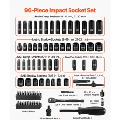 VEVOR 3/8 in Drive Impact Socket Set, 96 Piece, 6 Point Deep & Shallow Impact Sockets, SAE (5/16 in to 3/4 in) and Metric (8 to 22 mm) Sizes with 3 in & 6 in Extension Bars, Cr-V Steel, Carrying Case