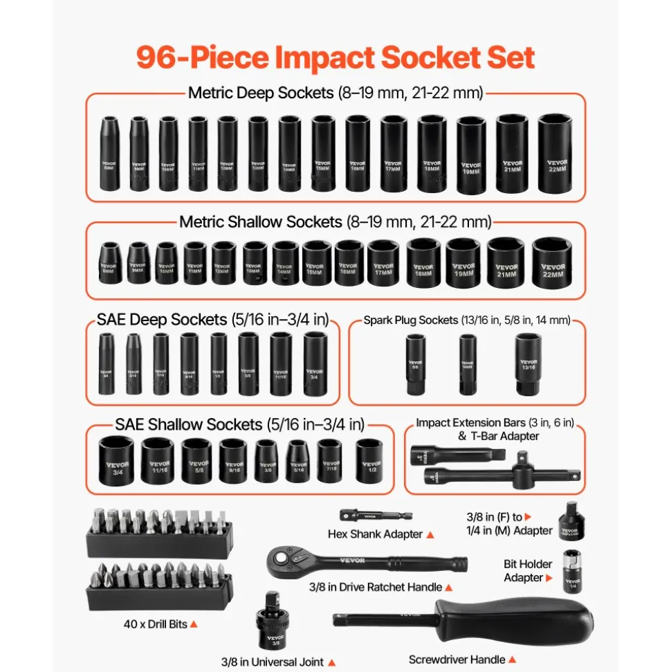 VEVOR 3/8 in Drive Impact Socket Set, 96 Piece, 6 Point Deep & Shallow Impact Sockets, SAE (5/16 in to 3/4 in) and Metric (8 to 22 mm) Sizes with 3 in & 6 in Extension Bars, Cr-V Steel, Carrying Case