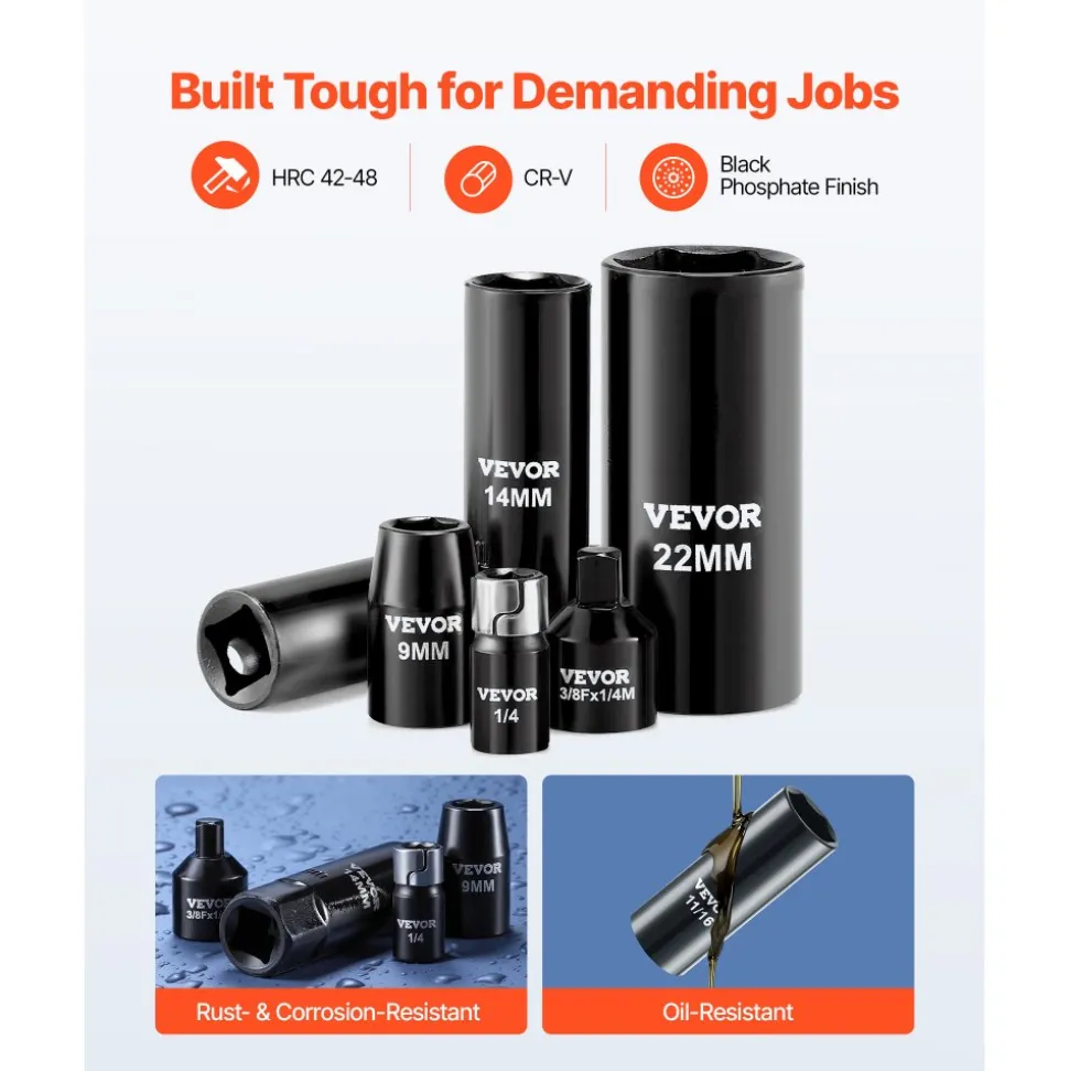 VEVOR 3/8 in Drive Impact Socket Set, 96 Piece, 6 Point Deep & Shallow Impact Sockets, SAE (5/16 in to 3/4 in) and Metric (8 to 22 mm) Sizes with 3 in & 6 in Extension Bars, Cr-V Steel, Carrying Case