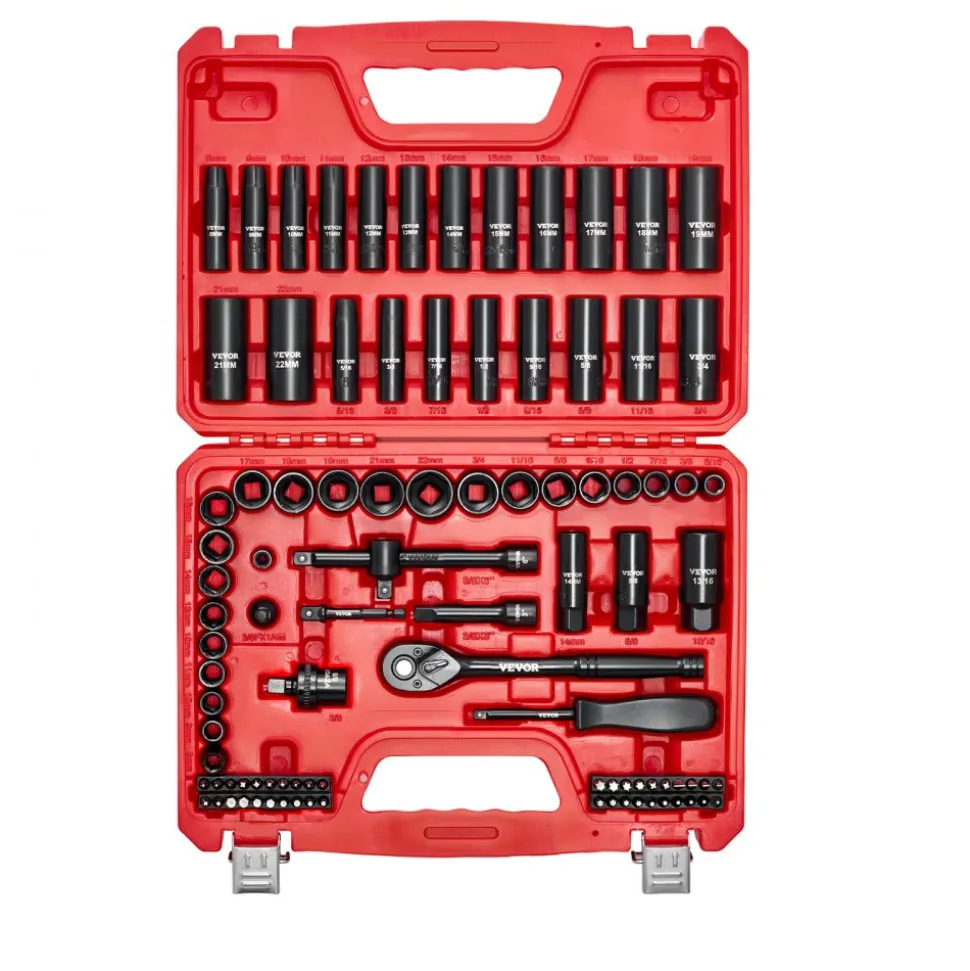 VEVOR 3/8 in Drive Impact Socket Set, 96 Piece, 6 Point Deep & Shallow Impact Sockets, SAE (5/16 in to 3/4 in) and Metric (8 to 22 mm) Sizes with 3 in & 6 in Extension Bars, Cr-V Steel, Carrying Case