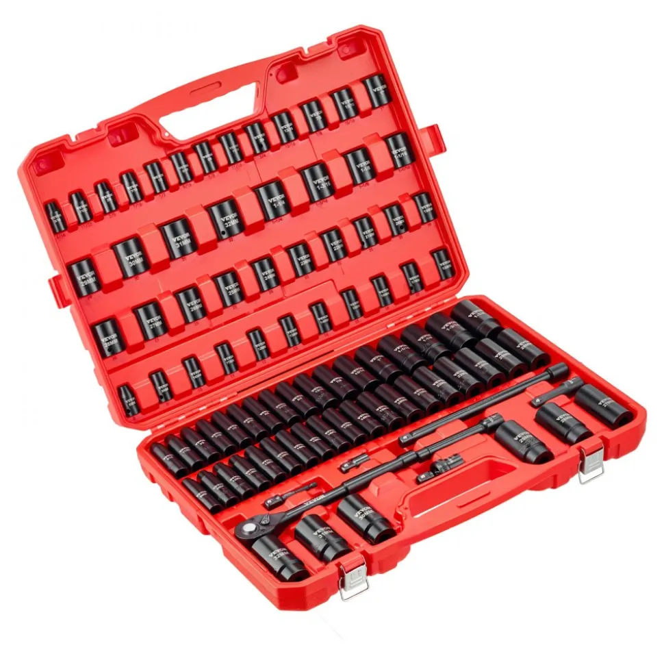VEVOR 3/8 in Drive Impact Socket Set, 96 Piece, 6 Point Deep & Shallow Impact Sockets, SAE (5/16 in to 3/4 in) and Metric (8 to 22 mm) Sizes with 3 in & 6 in Extension Bars, Cr-V Steel, Carrying Case