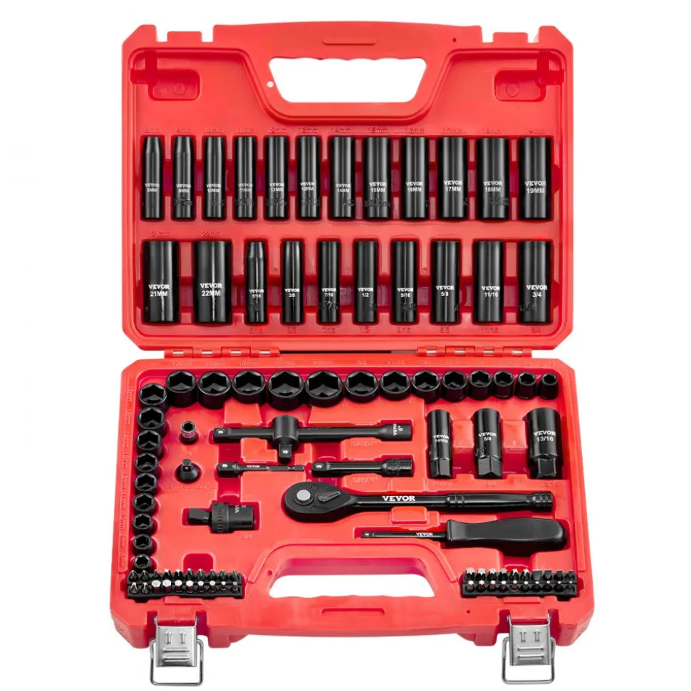 VEVOR 3/8 in Drive Impact Socket Set, 96 Piece, 6 Point Deep & Shallow Impact Sockets, SAE (5/16 in to 3/4 in) and Metric (8 to 22 mm) Sizes with 3 in & 6 in Extension Bars, Cr-V Steel, Carrying Case