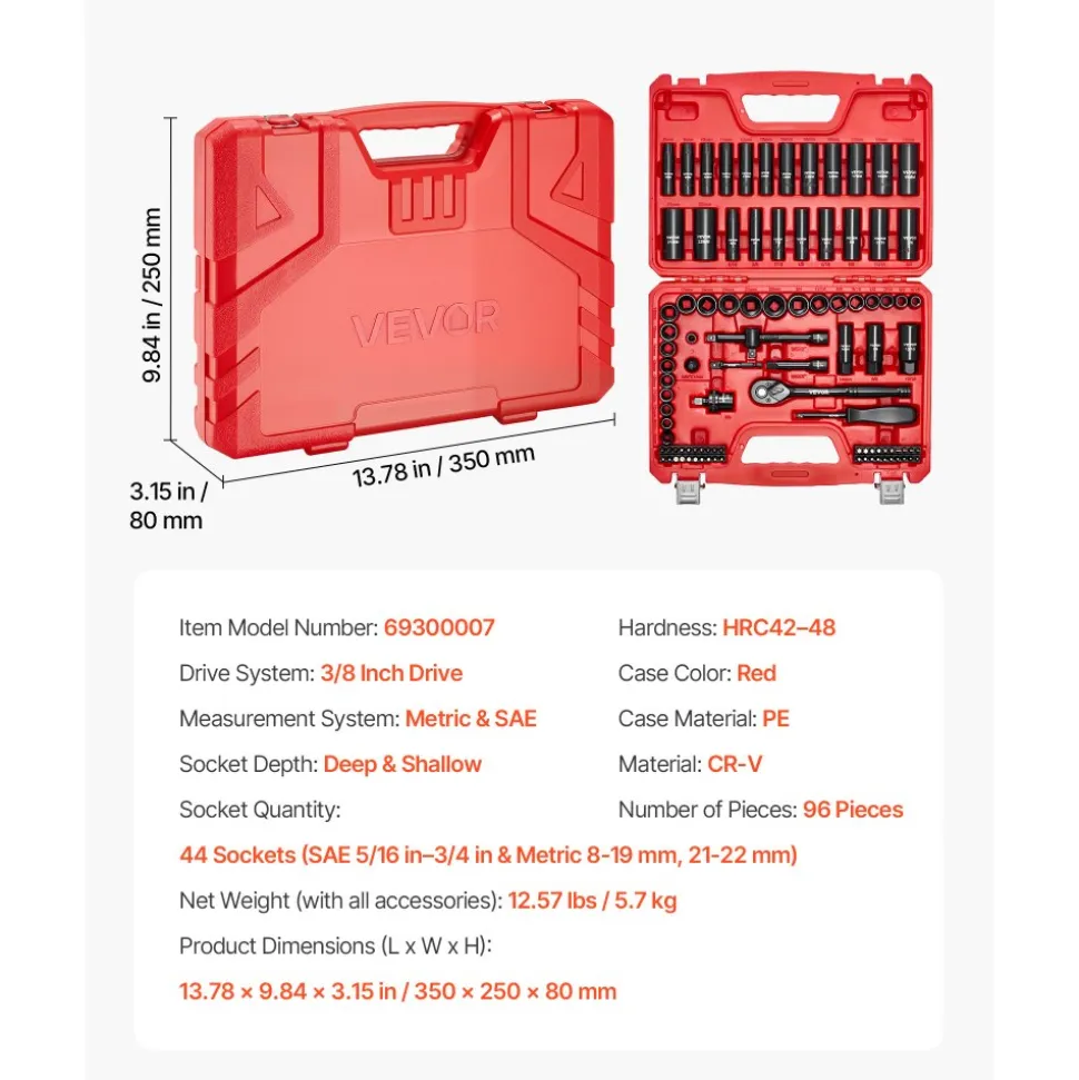 VEVOR 3/8 in Drive Impact Socket Set, 96 Piece, 6 Point Deep & Shallow Impact Sockets, SAE (5/16 in to 3/4 in) and Metric (8 to 22 mm) Sizes with 3 in & 6 in Extension Bars, Cr-V Steel, Carrying Case