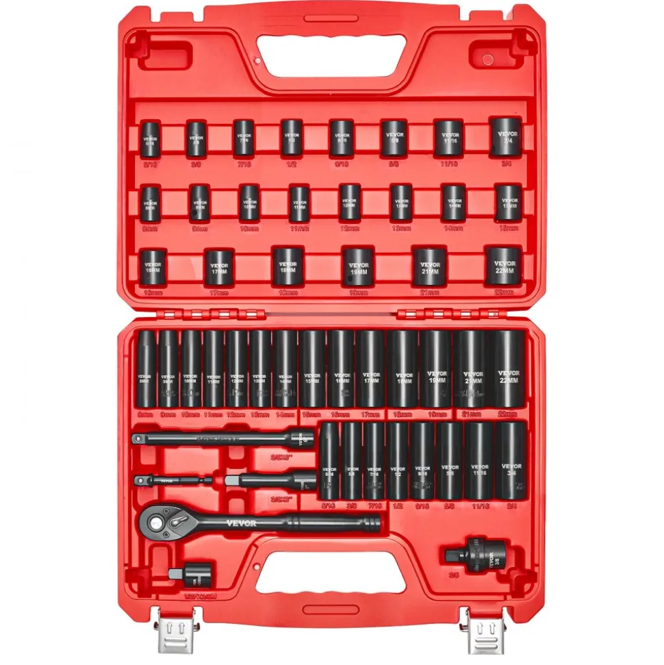 VEVOR 3/8 in Drive Impact Socket Set, 50 Piece, 6 Point Deep & Shallow Impact Sockets, SAE (5/16 in to 3/4 in) and Metric (8 to 22 mm) Sizes with 3 in & 6 in Extension Bars, Cr-V Steel, Carrying Case