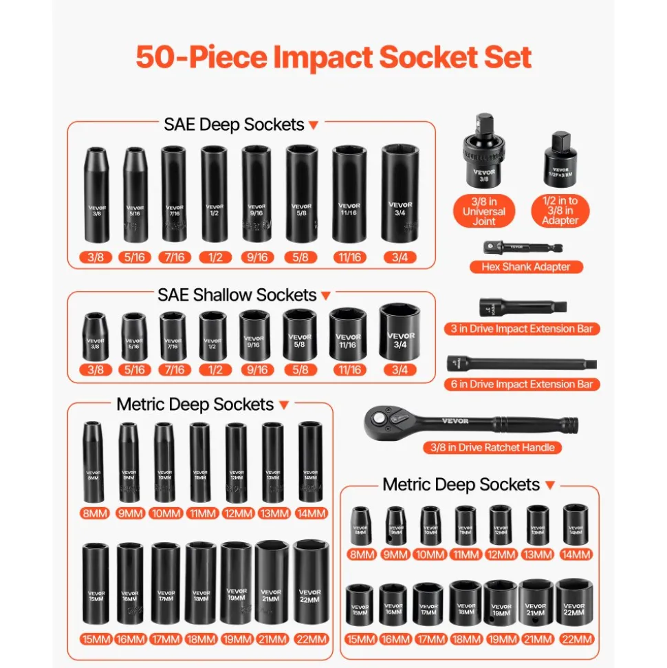 VEVOR 3/8 in Drive Impact Socket Set, 50 Piece, 6 Point Deep & Shallow Impact Sockets, SAE (5/16 in to 3/4 in) and Metric (8 to 22 mm) Sizes with 3 in & 6 in Extension Bars, Cr-V Steel, Carrying Case