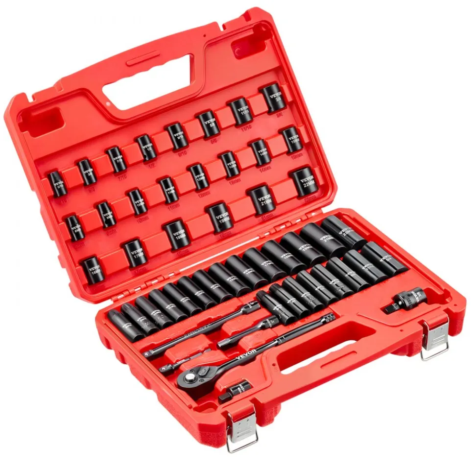 VEVOR 3/8 in Drive Impact Socket Set, 50 Piece, 6 Point Deep & Shallow Impact Sockets, SAE (5/16 in to 3/4 in) and Metric (8 to 22 mm) Sizes with 3 in & 6 in Extension Bars, Cr-V Steel, Carrying Case