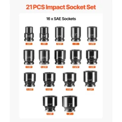 VEVOR 1/2 in Drive Impact Socket Set, 91 Piece, 6 Point Deep & Shallow Impact Sockets, SAE (5/16 to 1-1/4 in) and Metric (8 to 32 mm) Sizes with Extension Bars (3, 5, 10 in), Cr-V Steel, Carrying Case