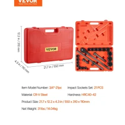 VEVOR 3/4 in Drive Impact Socket Set, 21 Pieces SAE 3/4 in to 2 in, 6 Point Cr-V Alloy Steel for Auto Repair, Easy-to-Read Size Markings, Includes Extension Bars, Ratchet Handle and Storage Case