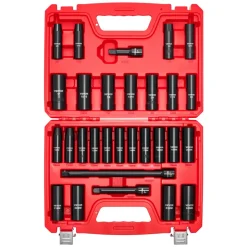 VEVOR 1/2 in Drive Impact Socket Set, 29 Piece, 6 Point Deep Impact Sockets, SAE (3/8 to 1 inch) and Metric (10 to 24 mm) Sizes with Extension Bars (3, 5, 10 in), Cr-V Steel, Heavy Duty Carrying Case