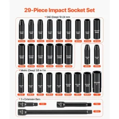 VEVOR 1/2 in Drive Impact Socket Set, 29 Piece, 6 Point Deep Impact Sockets, SAE (3/8 to 1 inch) and Metric (10 to 24 mm) Sizes with Extension Bars (3, 5, 10 in), Cr-V Steel, Heavy Duty Carrying Case