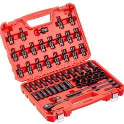 VEVOR 3/8 in Drive Impact Socket Set, 67 Piece, 6 Point Shallow & Deep Impact Sockets, SAE (5/16 in to 3/4 in) and Metric (8 mm to 19 mm), Swivel Sockets, Adapters, Cr-V & Cr-Mo Steel, Carrying Case