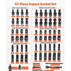 VEVOR 3/8 in Drive Impact Socket Set, 67 Piece, 6 Point Shallow & Deep Impact Sockets, SAE (5/16 in to 3/4 in) and Metric (8 mm to 19 mm), Swivel Sockets, Adapters, Cr-V & Cr-Mo Steel, Carrying Case