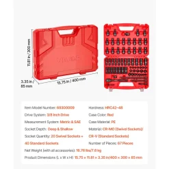 VEVOR 3/8 in Drive Impact Socket Set, 67 Piece, 6 Point Shallow & Deep Impact Sockets, SAE (5/16 in to 3/4 in) and Metric (8 mm to 19 mm), Swivel Sockets, Adapters, Cr-V & Cr-Mo Steel, Carrying Case