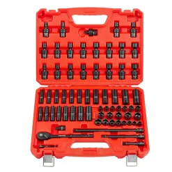 VEVOR 3/8 in Drive Impact Socket Set, 67 Piece, 6 Point Shallow & Deep Impact Sockets, SAE (5/16 in to 3/4 in) and Metric (8 mm to 19 mm), Swivel Sockets, Adapters, Cr-V & Cr-Mo Steel, Carrying Case