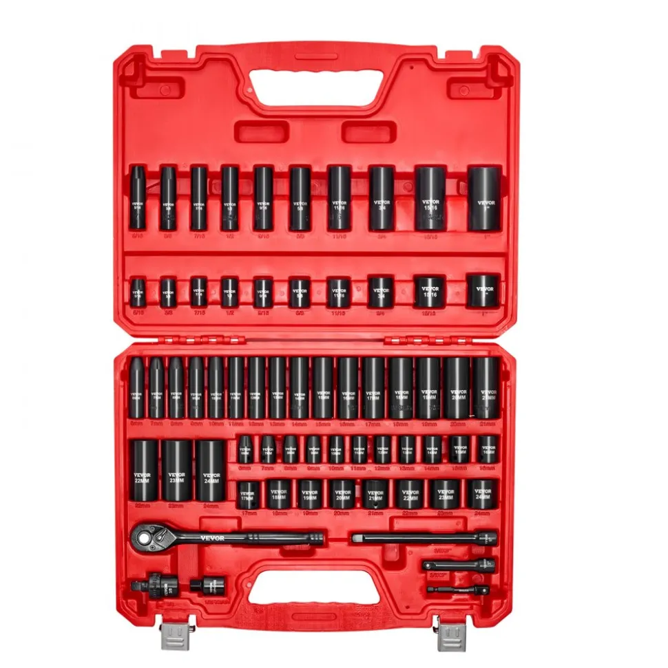 VEVOR 3/8 in Drive Impact Socket Set, 64 Piece, 6 Point Deep & Shallow Impact Sockets, SAE (5/16 in to 1 in) and Metric (6 to 24 mm) Sizes with 3 in & 6 in Extension Bars, Cr-V Steel, Carrying Case