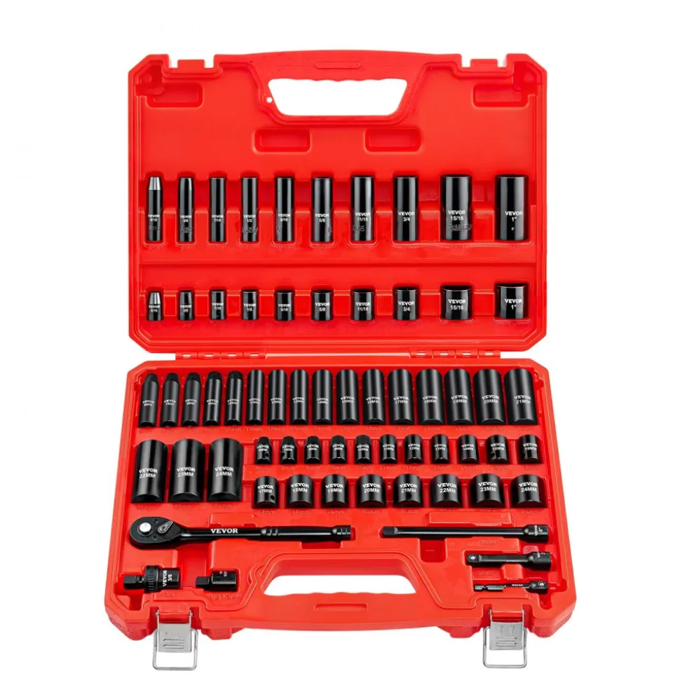 VEVOR 3/8 in Drive Impact Socket Set, 64 Piece, 6 Point Deep & Shallow Impact Sockets, SAE (5/16 in to 1 in) and Metric (6 to 24 mm) Sizes with 3 in & 6 in Extension Bars, Cr-V Steel, Carrying Case