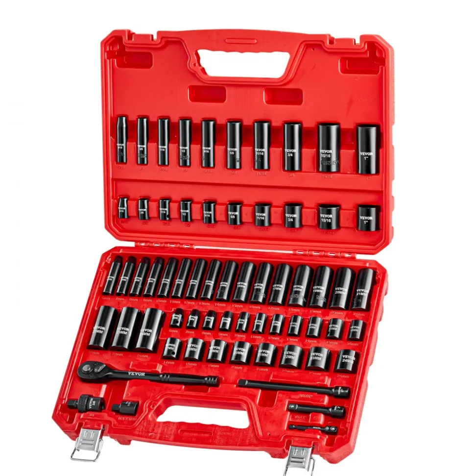 VEVOR 3/8 in Drive Impact Socket Set, 64 Piece, 6 Point Deep & Shallow Impact Sockets, SAE (5/16 in to 1 in) and Metric (6 to 24 mm) Sizes with 3 in & 6 in Extension Bars, Cr-V Steel, Carrying Case