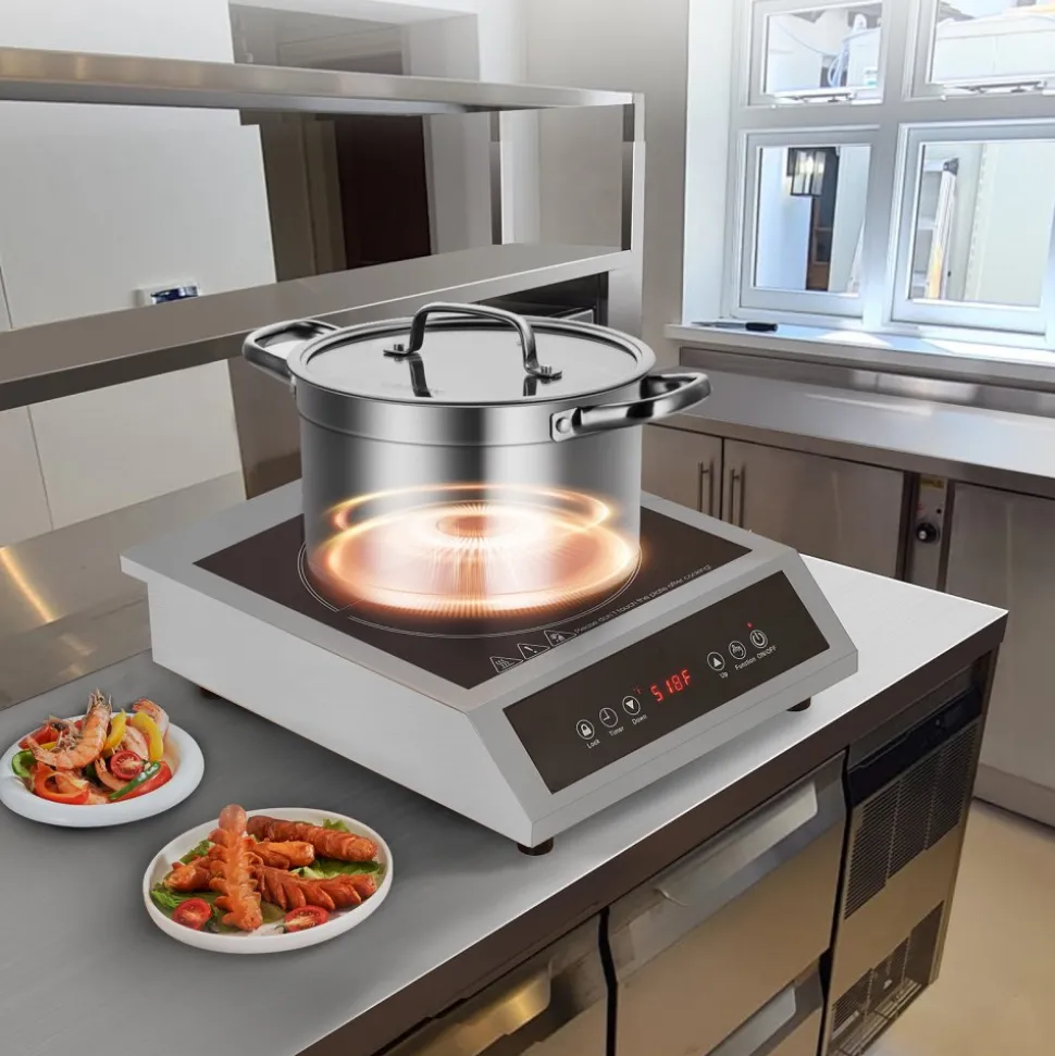 VEVOR Induction Cooktop, 3500W Commercial Induction Burner with 11-Level Temperature, Stainless Steel Countertop Induction Hot Plate with 3H Timer, Child Lock for Restaurant (6-15P Plug, 6-20R Outlet)