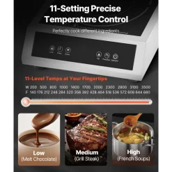 VEVOR Induction Cooktop, 3500W Commercial Induction Burner with 11-Level Temperature, Stainless Steel Countertop Induction Hot Plate with 3H Timer, Child Lock for Restaurant (6-15P Plug, 6-20R Outlet)