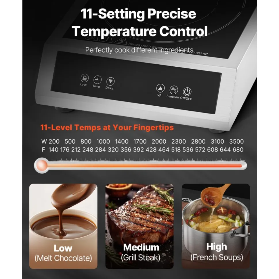 VEVOR Induction Cooktop, 3500W Commercial Induction Burner with 11-Level Temperature, Stainless Steel Countertop Induction Hot Plate with 3H Timer, Child Lock for Restaurant (6-15P Plug, 6-20R Outlet)