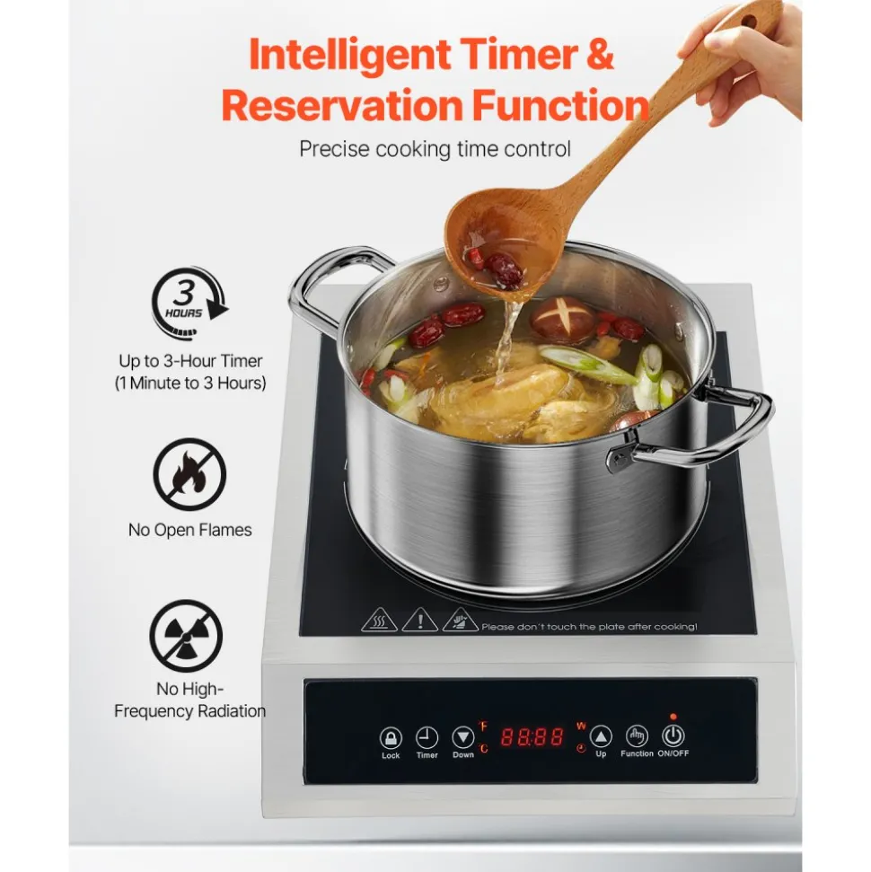 VEVOR Induction Cooktop, 3500W Commercial Induction Burner with 11-Level Temperature, Stainless Steel Countertop Induction Hot Plate with 3H Timer, Child Lock for Restaurant (6-15P Plug, 6-20R Outlet)