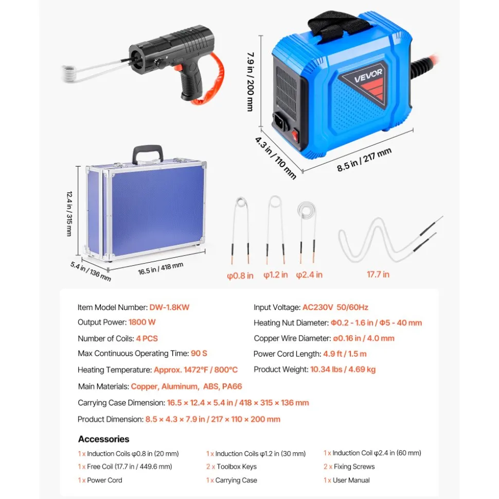 VEVOR Induction Heater Bolt Removal, 1100W 110V Magnetic Induction Heater Kit, Handheld Nut Buster Tool for Rusty Screw Removing, Car Garage Repairing Tools with 3 Coil