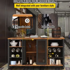 VEVOR Industrial Bar Cabinet, 55 Inch Rustic Oak, 330 LBS Wine Table for Liquor with Wine Racks (24 Bottles), Glass Holders and Metal Sideboard, Farmhouse Wood Coffee Bar for Living Room, Dining Room