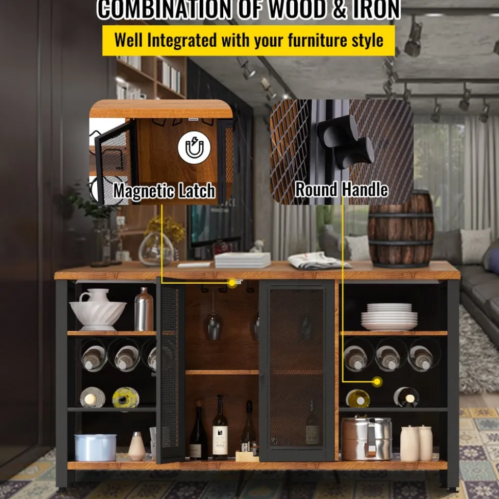 VEVOR Industrial Bar Cabinet, 55 Inch Rustic Oak, 330 LBS Wine Table for Liquor with Wine Racks (24 Bottles), Glass Holders and Metal Sideboard, Farmhouse Wood Coffee Bar for Living Room, Dining Room