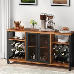 VEVOR Industrial Bar Cabinet, 55 Inch Rustic Oak, 330 LBS Wine Table for Liquor with Wine Racks (24 Bottles), Glass Holders and Metal Sideboard, Farmhouse Wood Coffee Bar for Living Room, Dining Room